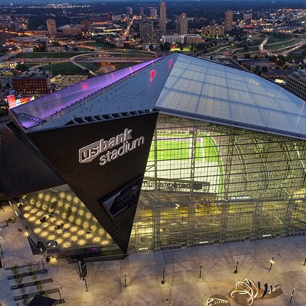 aerial view of US bank stadium at night